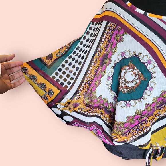 Agenda boho multi-patterned billowy blouse drawstring hem batwing sleeves size S - Picture 3 of 5